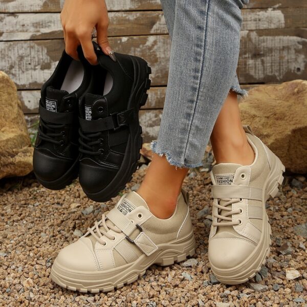 Lace-up Canvas Shoes With Hook Design Fashion Breathable Thick-soled Round-toe Casual Shoes For Women Sneakers - Image 4