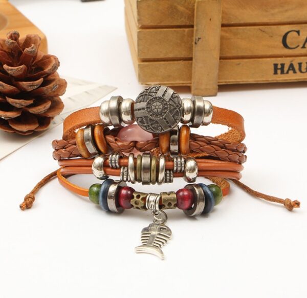 New beaded fish bone owl color stone leather multi-layer bracelet retro punk bracelet - Image 6