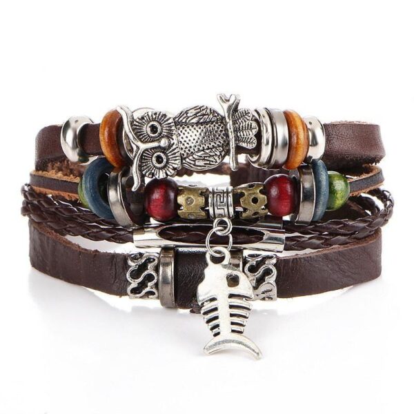 New beaded fish bone owl color stone leather multi-layer bracelet retro punk bracelet