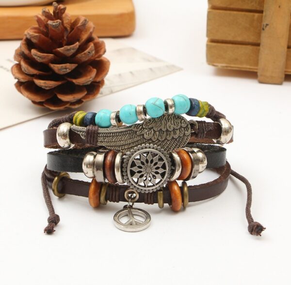 New beaded fish bone owl color stone leather multi-layer bracelet retro punk bracelet - Image 5