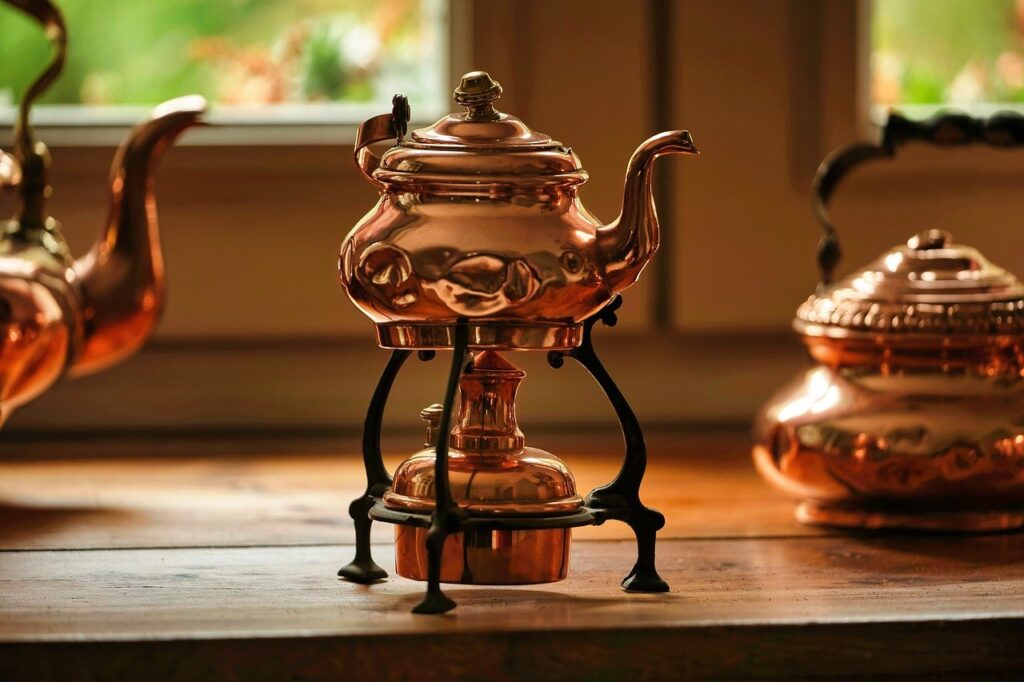 copper teapots, kitchen, tableware, dishes, interior design, furniture, window, dresser, pitchers, teapots, kitchen, kitchen, kitchen, kitchen, kitchen, furniture, furniture